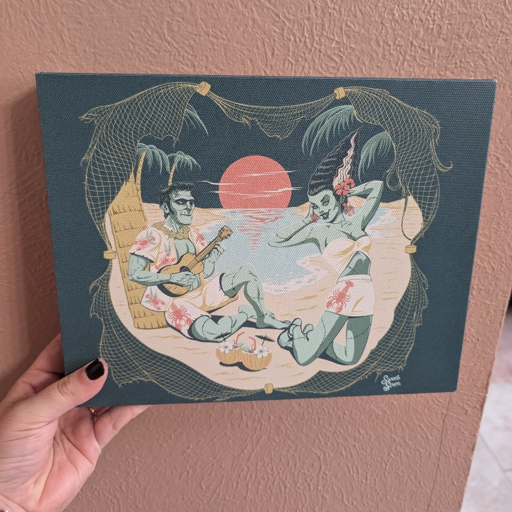 "We're Alive!" Sweet Siren teal canvas art Frankenstein & bride beach universal